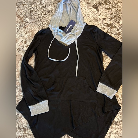 L New Miagooo Two Tone Assymetrical Hem Pocket Hoodie Tunic Black Gray Large - Picture 2 of 10